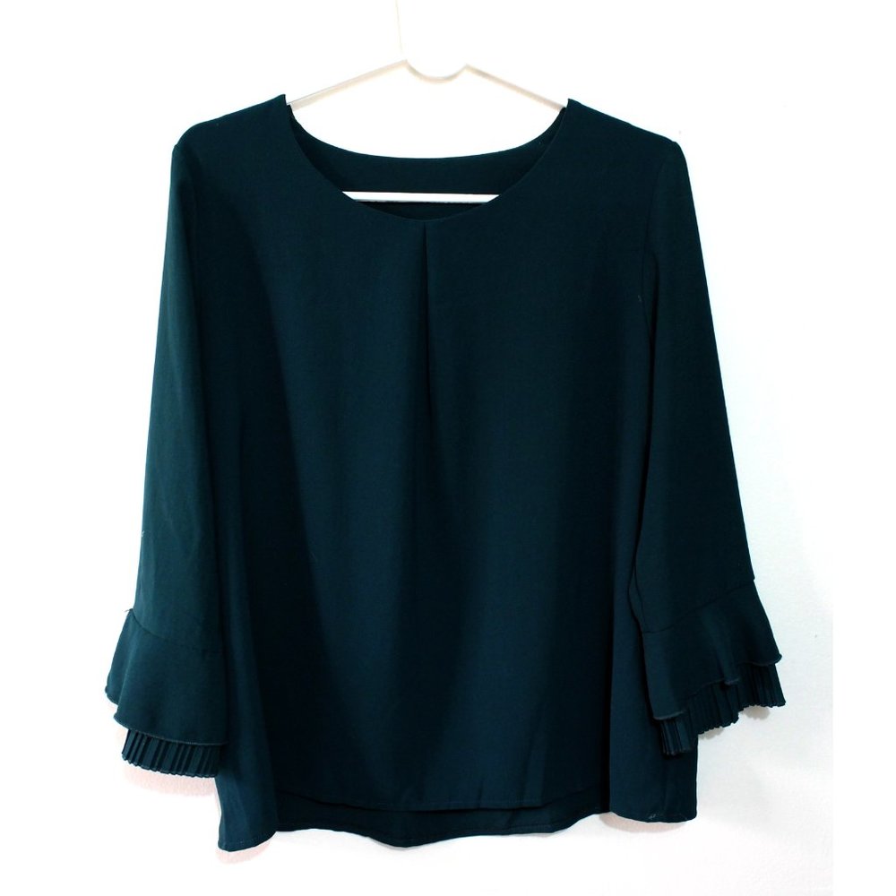 Women Sleek Blouze Ruffle Pleat Sleeve Green Size S